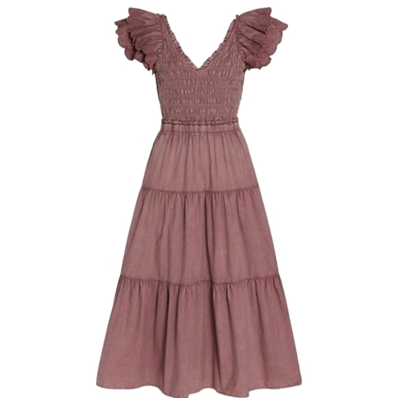 Sea New York Heidi Flutter Sleeve Tiered Dress Midi Open Back Rose Women's 10 - Picture 2 of 15